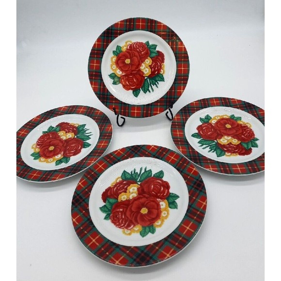 Vintage Holly Holderman Set Of 4 Red & Green Plaid Floral 8" Salad Plates - Picture 3 of 8